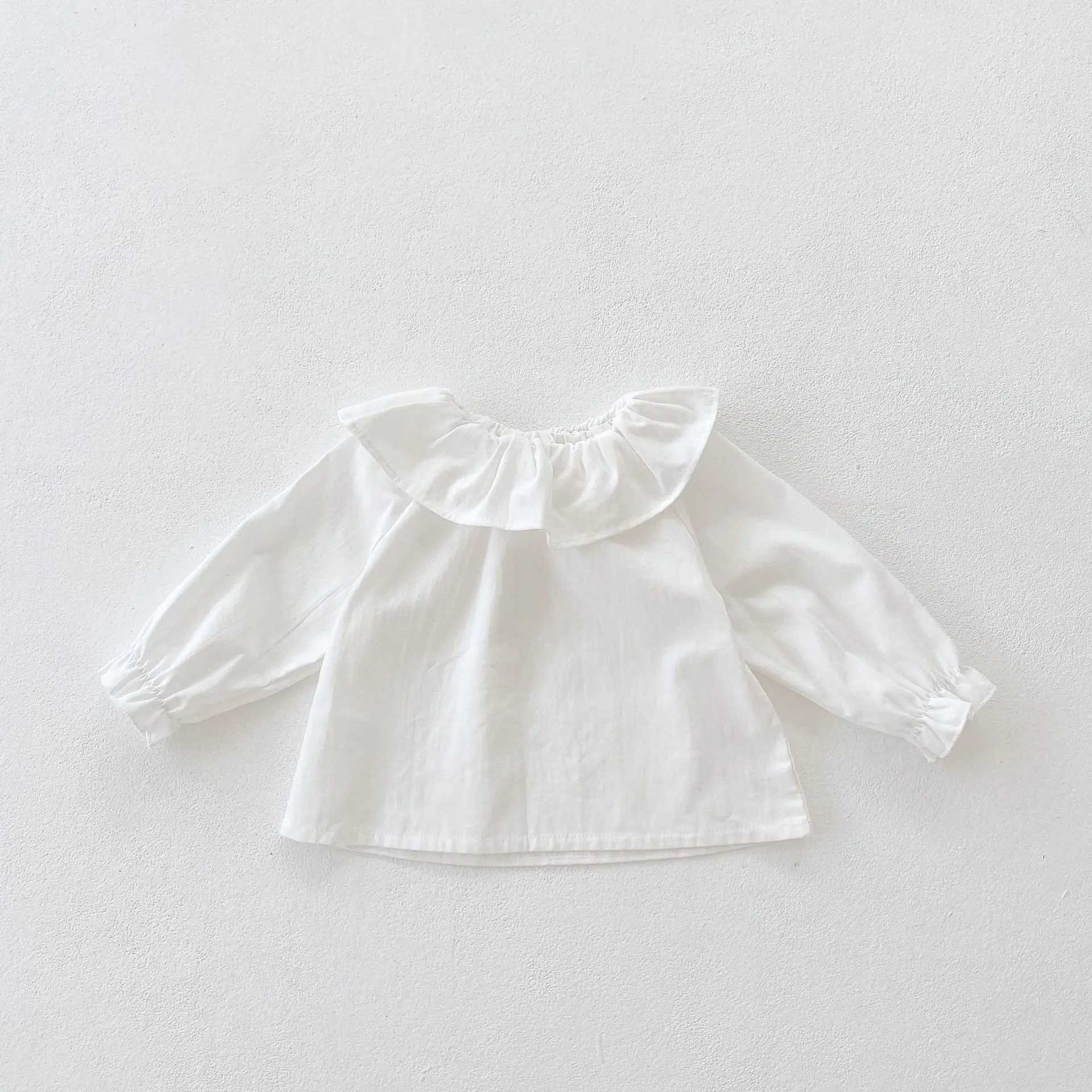 2021 Autumn Newborn Baby Girls White Shirts Ruffles Collar Korean Style Toddlers Kids Blouses Infants Clothes Pure Color Tops C251007