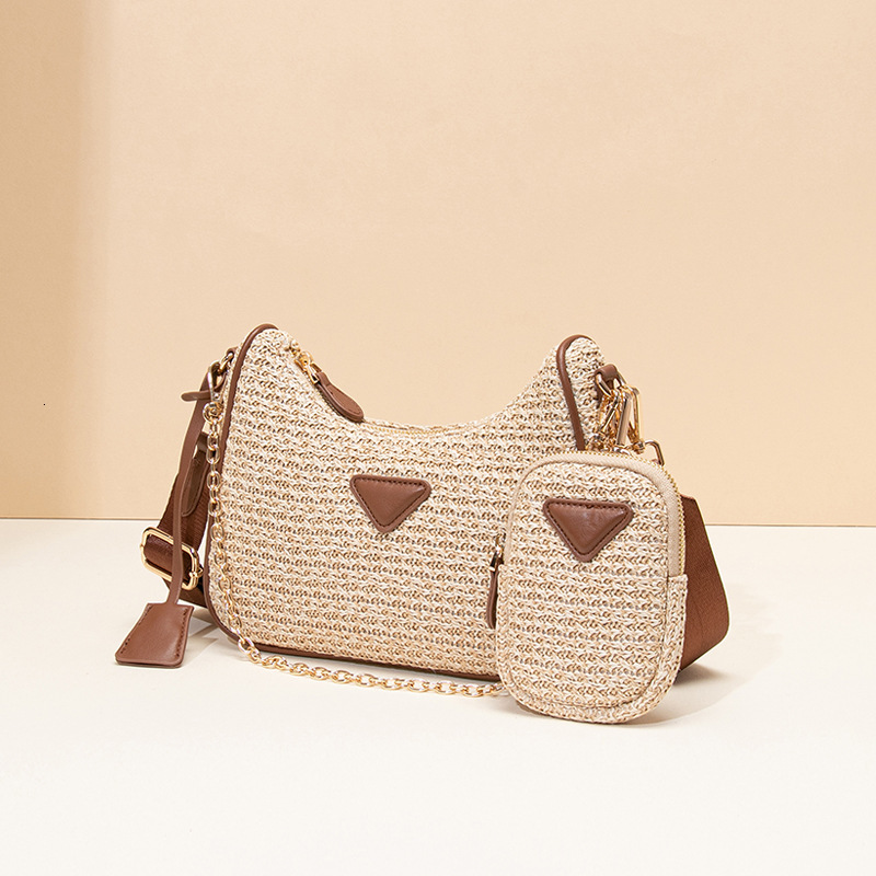 P Home Summer New Three-in-One Hobo Underarm Single Shoulder Crossbody Small Square Bag Raffia Woven Coin Purse