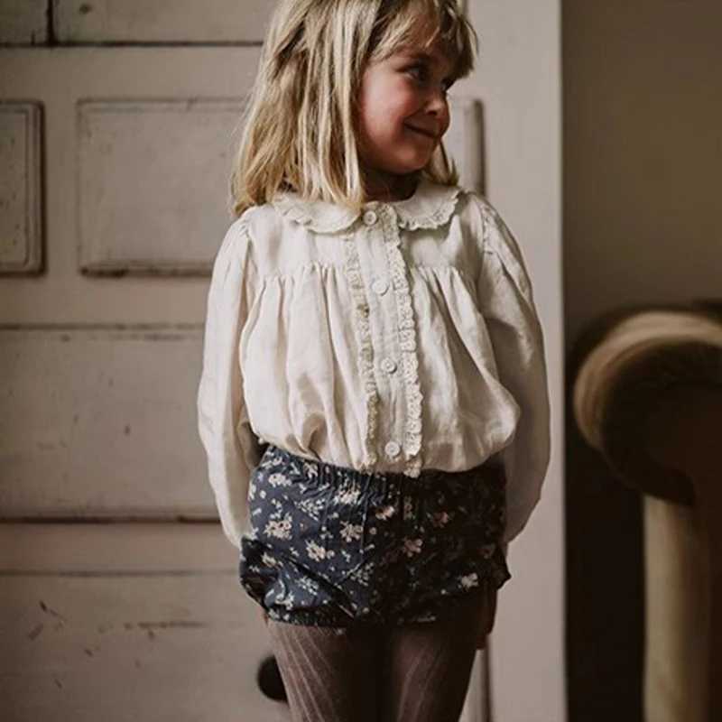 Girls Retro Splicing Lace Cotton Linen Shirts Autumn New Lapel Doll Cardigan Sweet And Cute Baby Girl LongSleeved Blouse Tops C251007