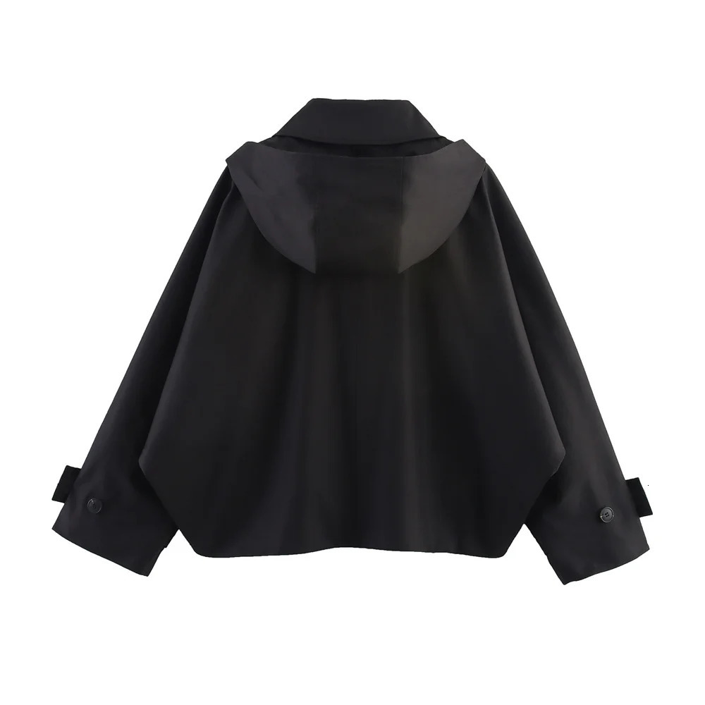 Autumn European and American style hooded long sleeved lapel jacket single breasted trench coat short 250930