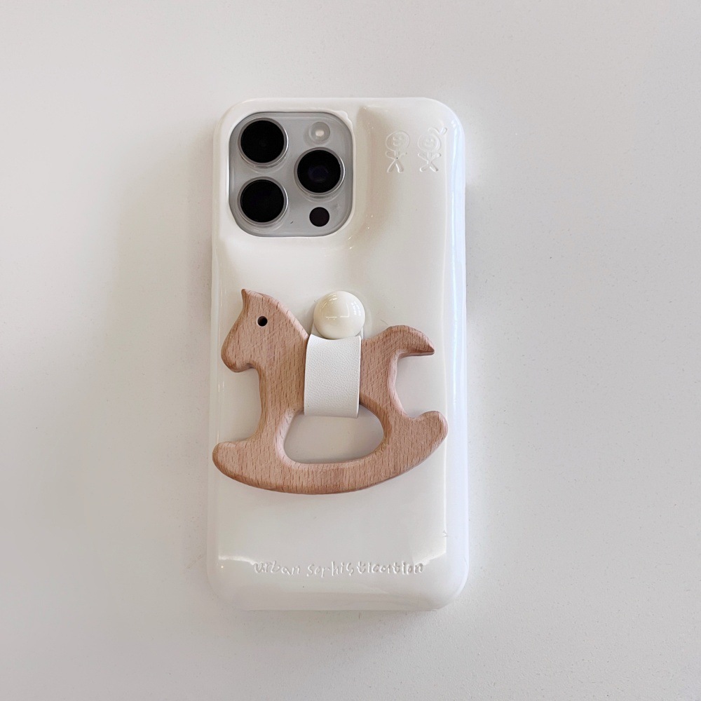 for iPhone 17 Pro Max Case, Simple Pure Color Cute Leather Wooden Horse Stand Smooth Feel Suitable for Girls Shockproof and Wear-Resistant Phone Case