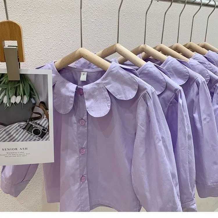 2023 Baby Girls Purple Shirts Blouses Fashion Kids Girl Petals Collar Spring Autumn Tops Children Birthday Princess Clothes C251007
