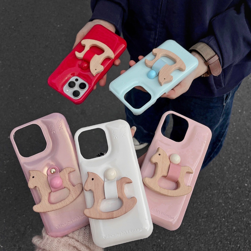 for iPhone 17 Pro Max Case, Simple Pure Color Cute Leather Wooden Horse Stand Smooth Feel Suitable for Girls Shockproof and Wear-Resistant Phone Case