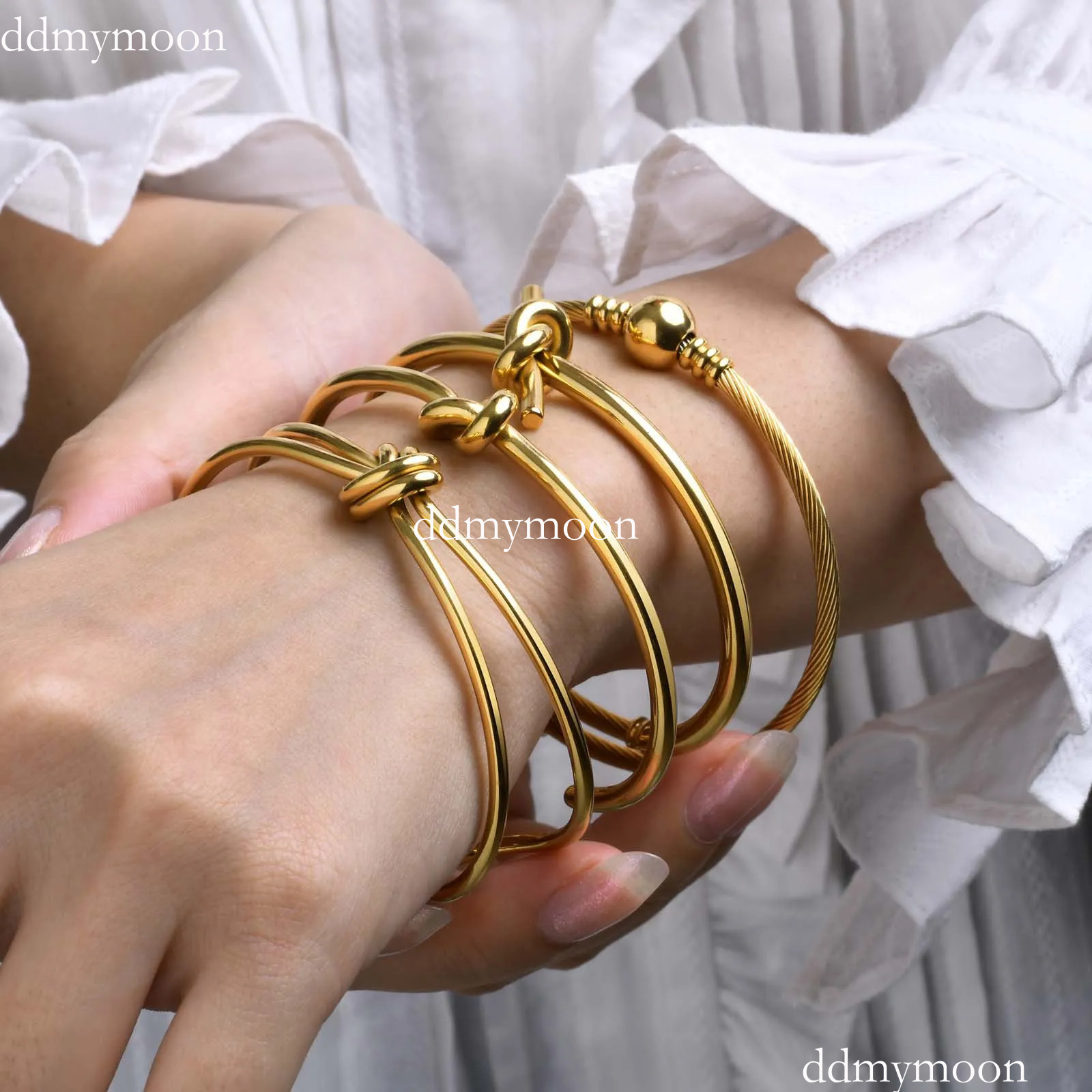 Free shipping Stainless Steel Knot Cuff Bracelet - PVD Plated ddmymoon Open Bangle for Women, Minimalist Style