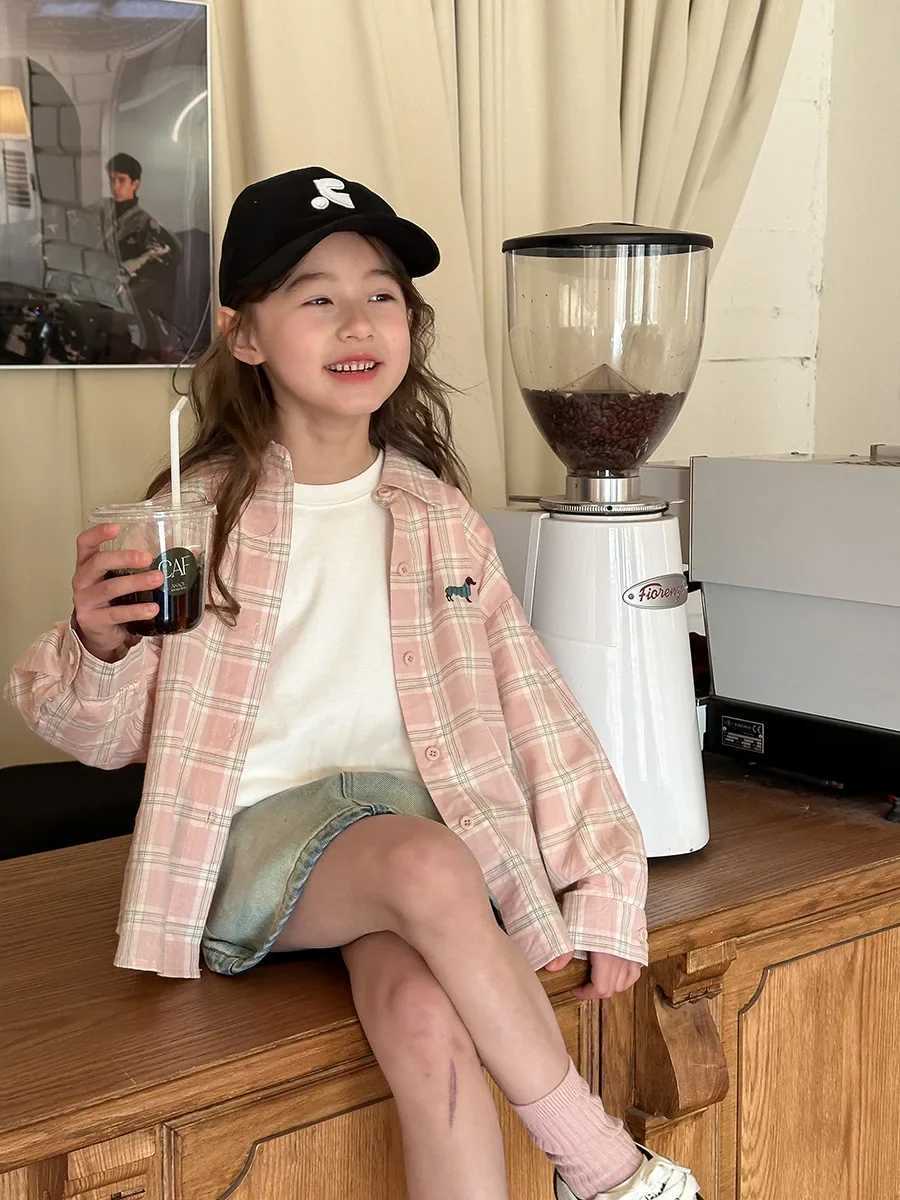 Pink Checkered Shirt Spring New Korean Allmatch Fashionable Cute Casual Sweet Plaid Shirt Coat Kids Clothes Girls C2510071