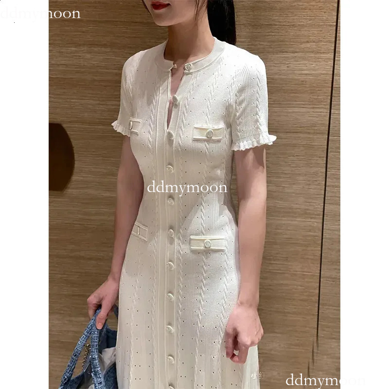 Free shipping French Fashion Runway Knitt Single Breasted Mermaid Midi Dress ddmymoon Elegant Lady Ruffled Sleeve Hollow Out Slim Sweater 250305