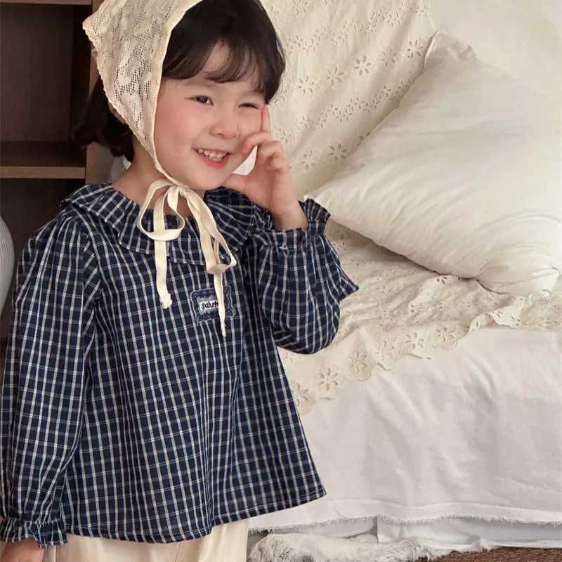 2025 Autumn New Children Label Blue Grid Shirt Fashion Children Clothing Girls Long Sleeve Versatile Top C251007