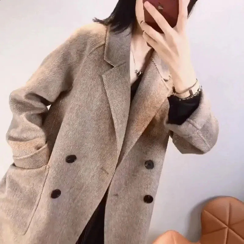 Womens Herringbone Pattern Woolen Jacket Cashmere Blazer Korean Loose Thick Coat Spring Autumn Winter y250922