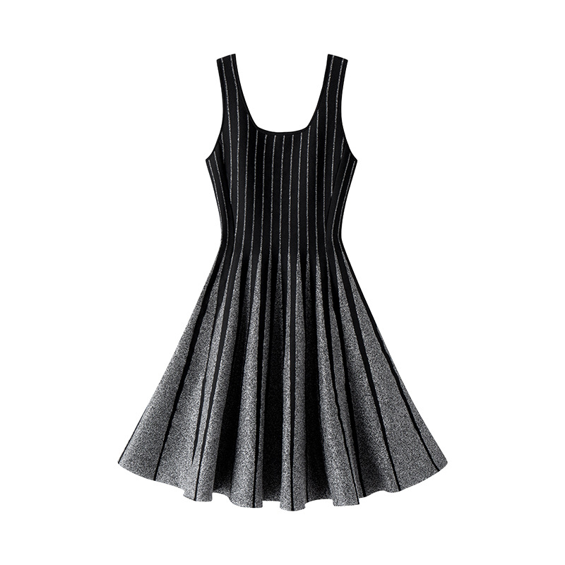 HL111 Round Neck Sleeveless Waist Pullover A-Line Striped Knitted Dress