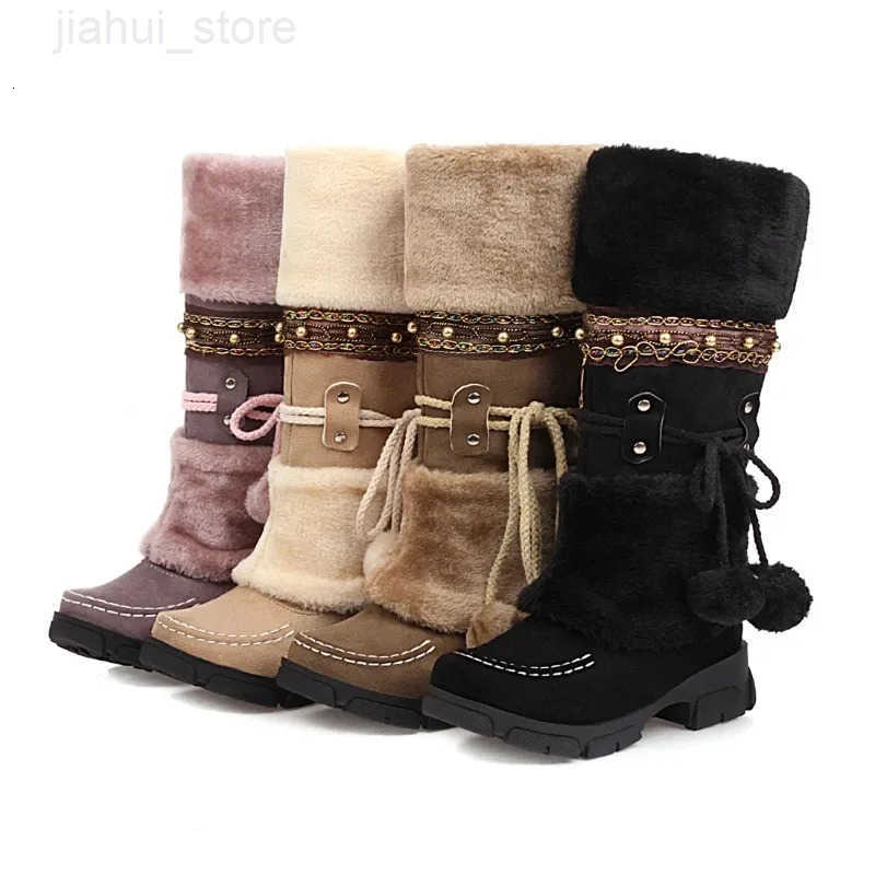 Winter Warm Mid Calf Womens Retro Snow Boots Vintage Ethnic Stylish Handmade Weaving Fuzzy Ball Decor Chunky Heeled Booties M251007
