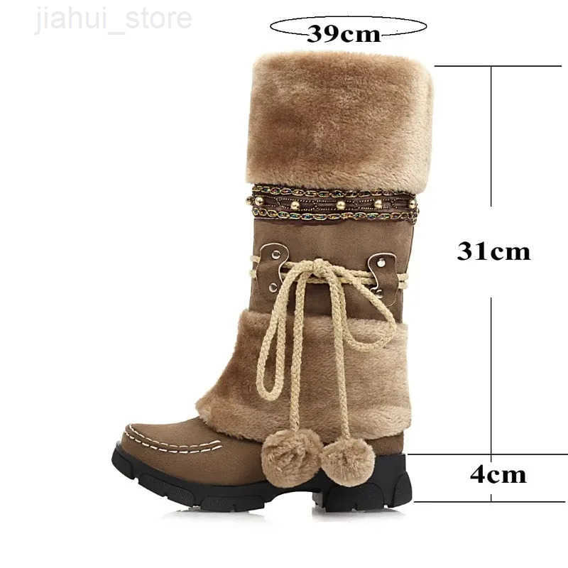 Winter Warm Mid Calf Womens Retro Snow Boots Vintage Ethnic Stylish Handmade Weaving Fuzzy Ball Decor Chunky Heeled Booties M251007