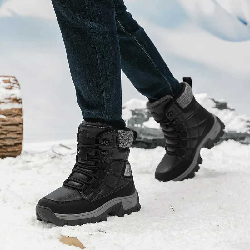 Mens Hiking Shoes Outdoor Mens Snow Warm Plush Boots Lace Up High Top Mens Waterproof Winter Ankle Boots AntiSlip J251007