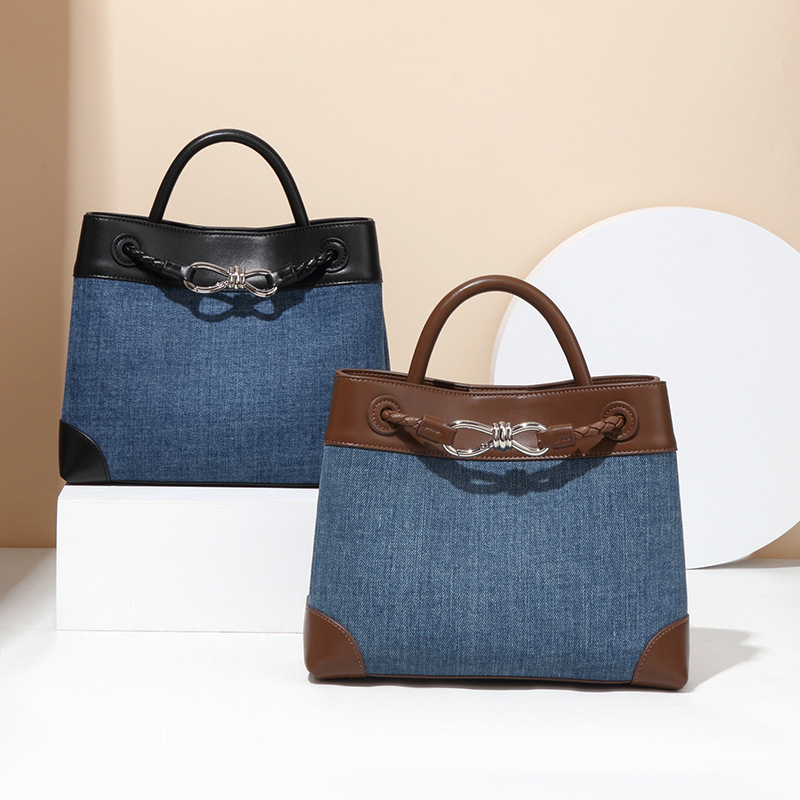 Niche Canvas Patchwork Eight-Character Buckle Metal Bowknot Tote Simple Denim Color-Block Handheld Crossbody Mommy Bag