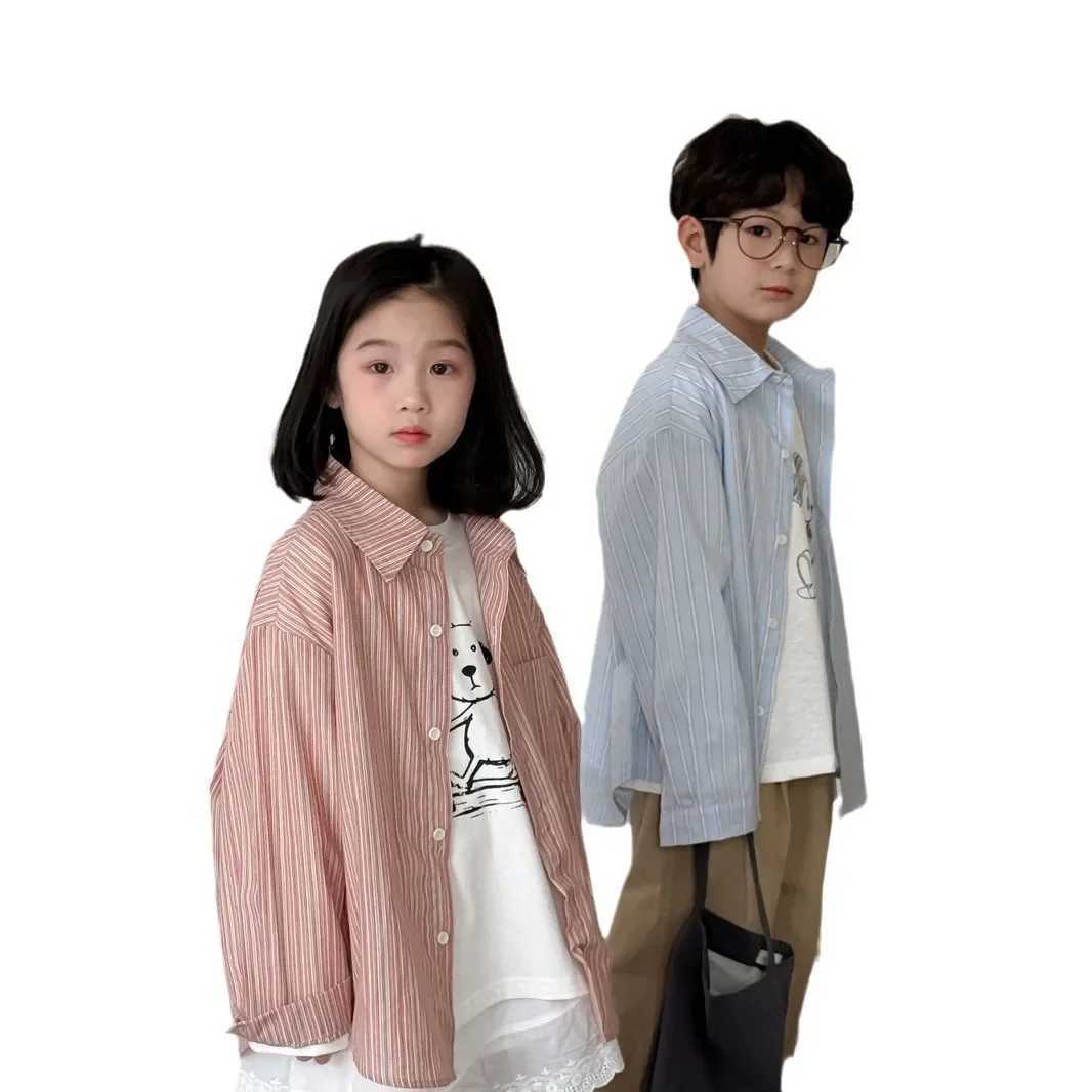 Childrens Shirt 2025 Spring New Korean Fashion Casual Vertical Stripe Collar Long Sleeve Shirt Kids Clothes C251007