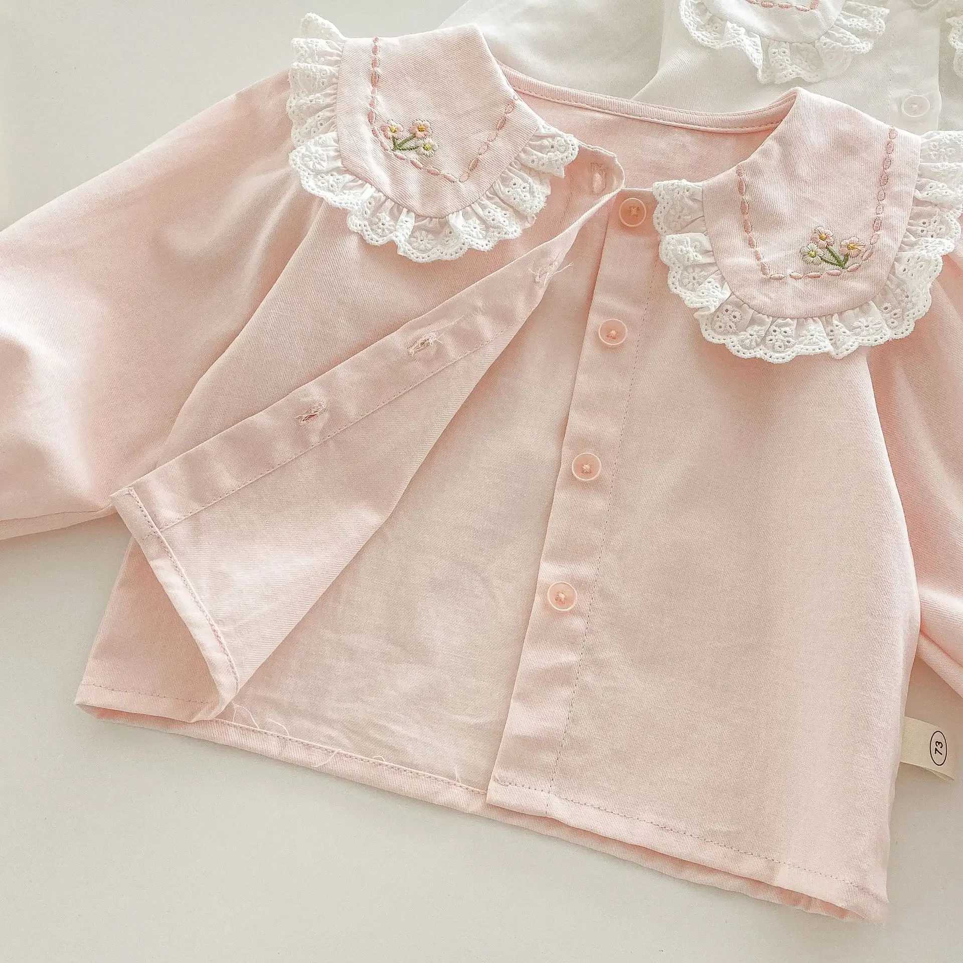 Spring Baby Girls Lace Blouses Kids White Pink Shirts 2025 Autumn Doll Collar Tops Childrens Embroidery Clothing Korean Style C251007
