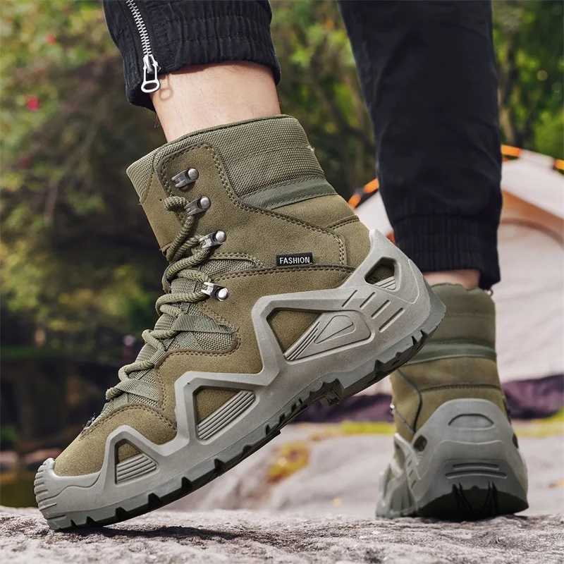 Outdoor Suede Leather Hiking Shoes Men Nonslip Training Mountain Trekking Boots Men Green Combat Tactical Boots Plus Size 46 J251007