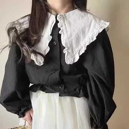 Girls Shirt 2025 Autumn New Childrens Clothing Girls Baby Fashion Splicing Flouncy Collar Cotton and Linen Shirt Casual Simple C251007