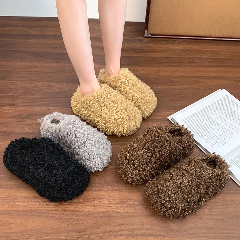 Platform Women Fluffy Slippers Flats Mules Shoes Plush Warm Home Shoes Winter Casual Slingback Shoes Comfort Slides Mujer 250930