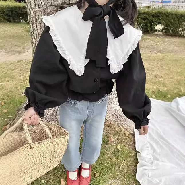 Blouses Girl Spring Autumn Black White Splicing Lotus Leaf Edge Collar Causal Long Sleeves Shirt Cotton Hemp Tops 2024 C251007