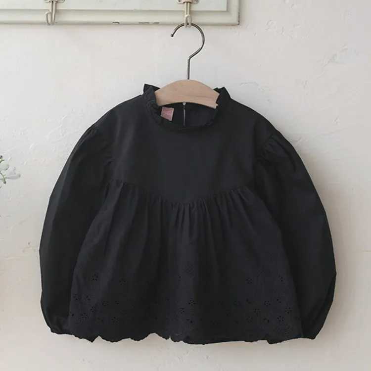 Blouses Spring Korea Girls Children Clothing Lace Long Sleeved Shirt 2024 Pleated Hollowing Out Pleated Sweet Beautiful C251007