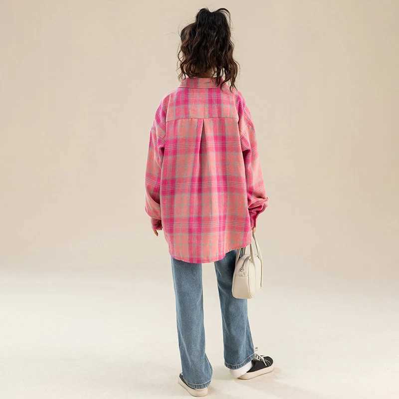 Fashion Casual Childrens Long Sleeve Pink Plaid Shirt for Girls Stylish Street Clothing Kids Spring Autumn Blouses Age 514Y C251007