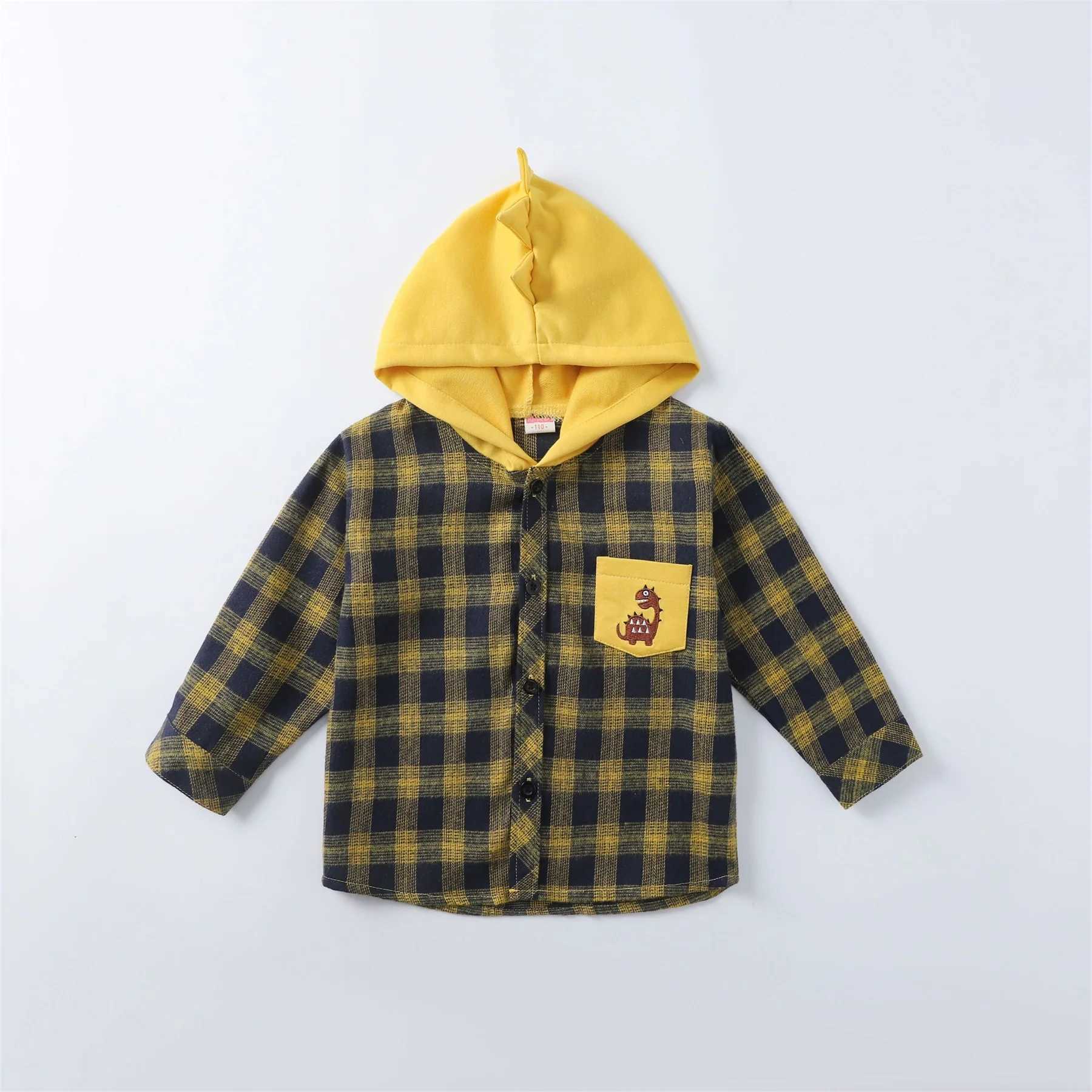 Boy Plaid Shirt New Baby hooded dinosaur embroidered coat in autumn and winter childrens clothes C251007