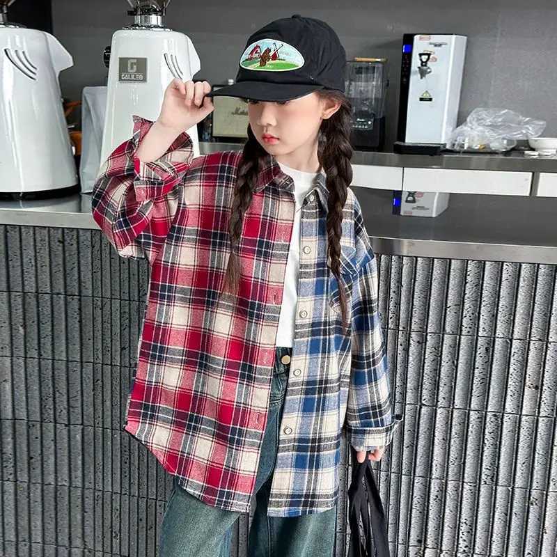 Boy Korean Childrens Clothing Soft 2025 Autumn New Collection Red Blue Color Blocked Checkered Shirt Pure Cotton Blouses C251007