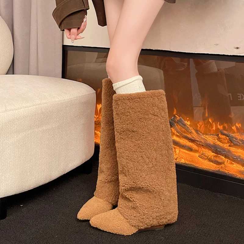 Fion Vintage Wedges Heel Wen Furry High Boots Designer Cbination Splicing Shoes Autumn Winter Ladies Pipe Long Booties Y251007