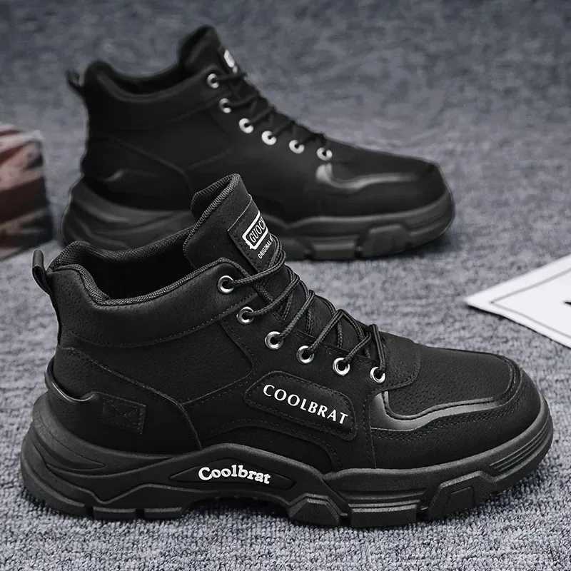Spring and Autumn Mens Shoes New Trendy and Versatile Thick Soled Workwear Shoes Fashionable Anti Slip High Top Boots J251007