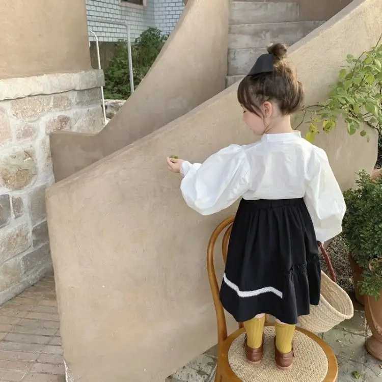 Girls Cotton Shirt Retro Bubble Sleeves Korean Fashion Long Sleeved Shirt Outerwear Baby Solid Shirt for Girls C251007