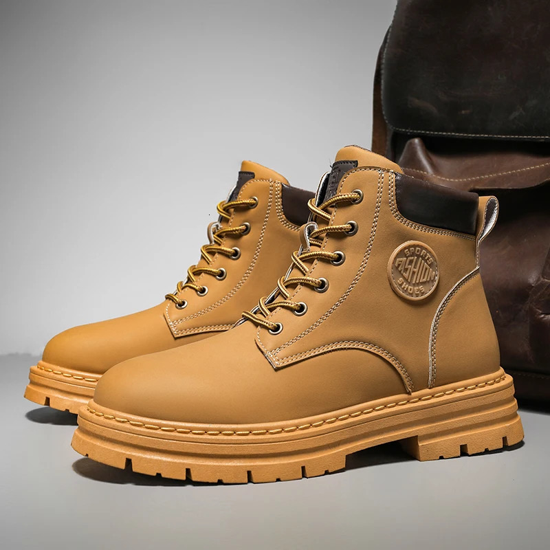 Mens high top boots four season outdoor work shoes anti slip and comfortable yellow boots fashion British casual leather boots 251010