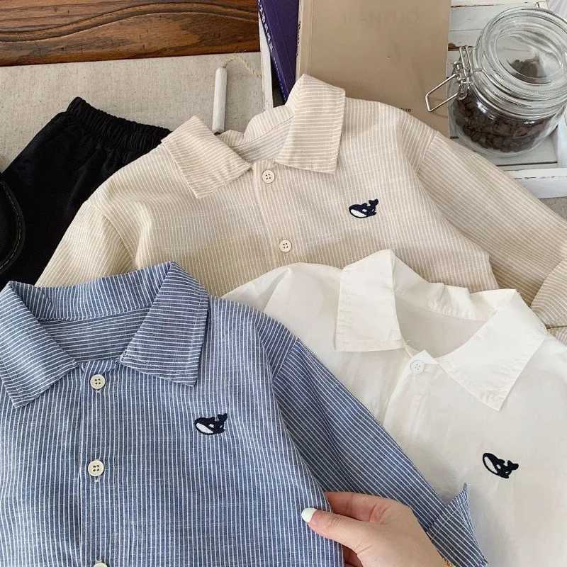 27Y Kids Shirts Small Fish Embroidery Stripe Boy Cardigan Cotton Turndown Collar Childrens Clothing Long Sleeve Shirt Blouses C251007