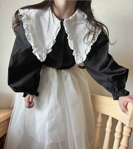 Blouses Girl Spring Autumn Black White Splicing Lotus Leaf Edge Collar Causal Long Sleeves Shirt Cotton Hemp Tops 2024 C251007