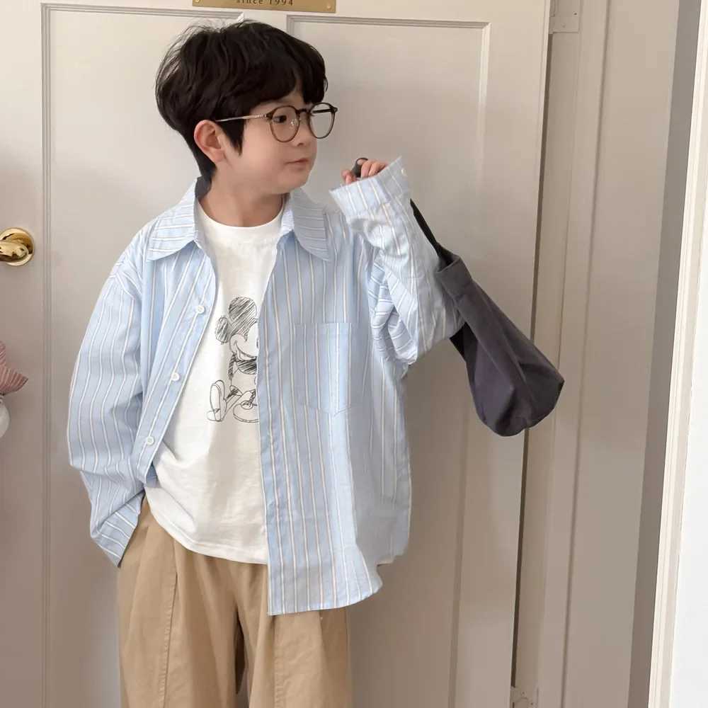 Childrens Shirt 2025 Spring New Korean Fashion Casual Vertical Stripe Collar Long Sleeve Shirt Kids Clothes C251007
