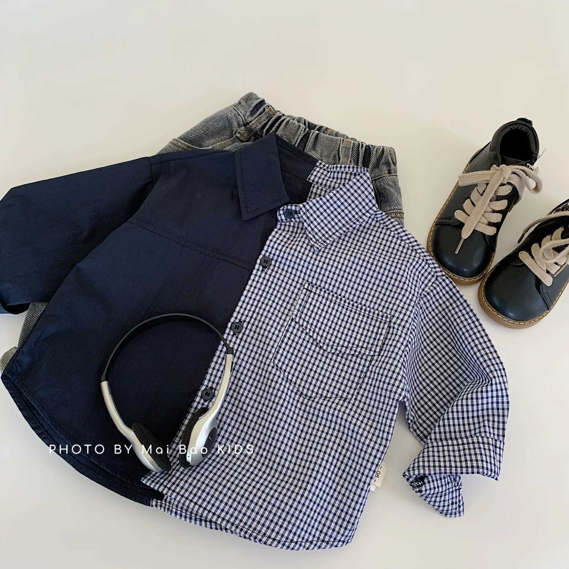 New Childrens Clothing 2025 Childrens Shirt Checkered Splicing Color Fashionable and Comfortable for Boys and Girls C251007