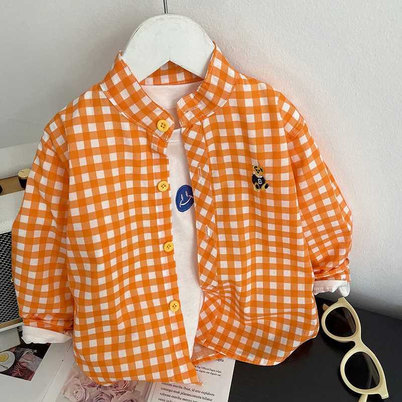 Childrens Bear Embroidered Plaid Shirt Boys Shirt Spring and Autumn Thin Style 2025 New Baby Fashion Casual Longsleeved Tops C251007