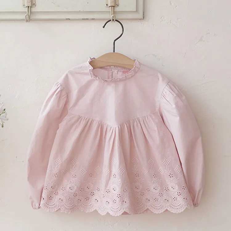 Blouses Spring Korea Girls Children Clothing Lace Long Sleeved Shirt 2024 Pleated Hollowing Out Pleated Sweet Beautiful C251007