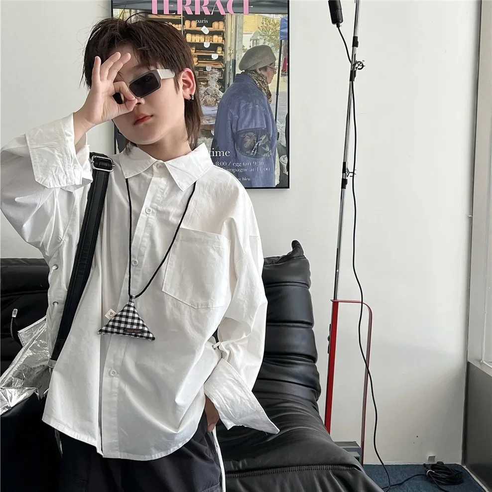 Children Clothing Autumn Shirt Personality Thickened Cotton New Fashionable Casual Simple Solid Color Handsome White Shirt C251007