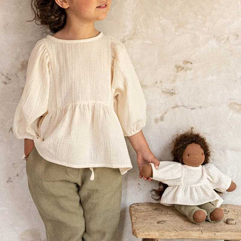 Autumn New Casual Large 34 Sleeves Girls Blouse 100 Organic Cotton Double Gauze Childrens Solid Loose Ruffle Tops TZ187 C251007