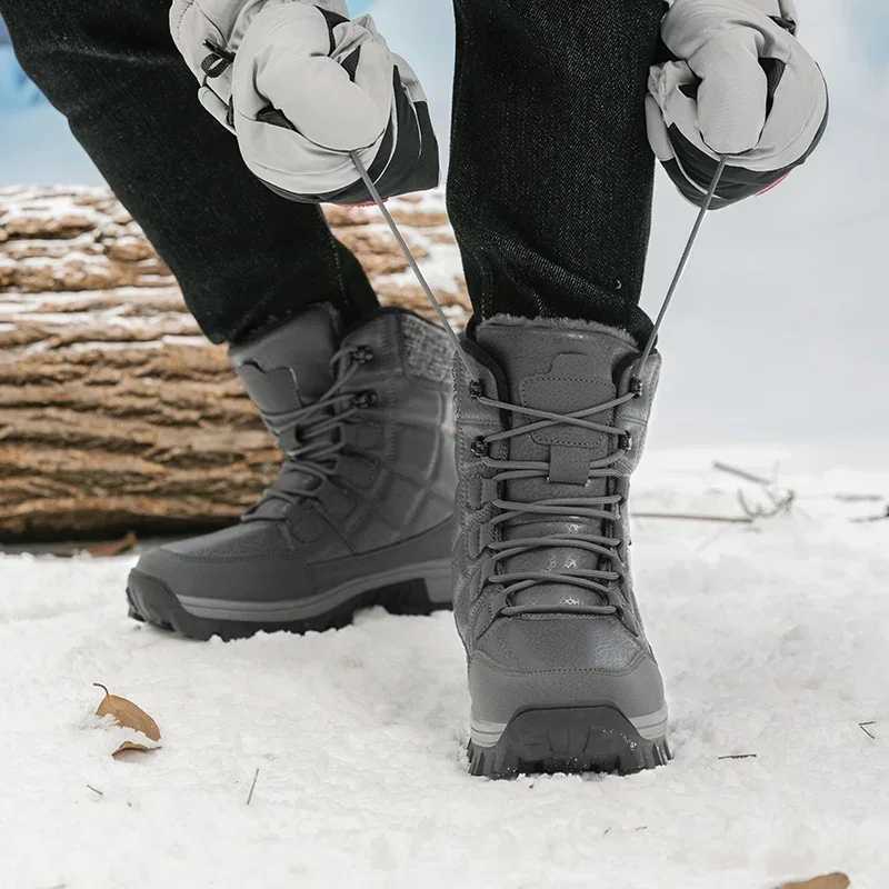 Mens Hiking Shoes Outdoor Mens Snow Warm Plush Boots Lace Up High Top Mens Waterproof Winter Ankle Boots AntiSlip J251007