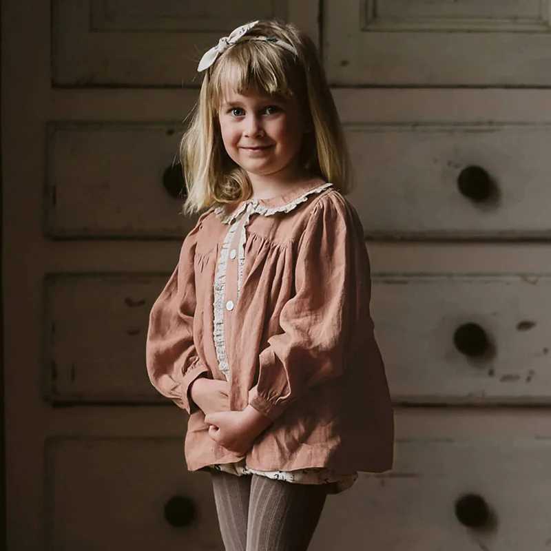 Girls Retro Splicing Lace Cotton Linen Shirts Autumn New Lapel Doll Cardigan Sweet And Cute Baby Girl LongSleeved Blouse Tops C251007