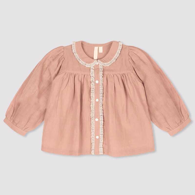 Girls Retro Splicing Lace Cotton Linen Shirts Autumn New Lapel Doll Cardigan Sweet And Cute Baby Girl LongSleeved Blouse Tops C251007