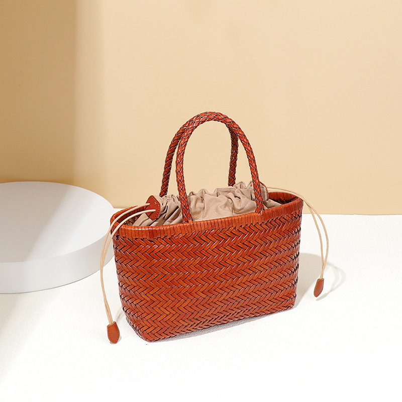 INS Soft Genuine Leather Women's Handbag French Style Basket First Layer Cowhide Handmade Rattan Woven Bag