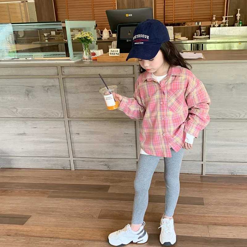 2023 Autumn New Fashionable Pink Plaid Sweet Girls Shirt Top Children Clothing Girls Shirt Coat Korean Style Long Sleeved C251007