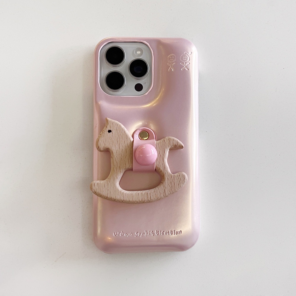 for iPhone 17 Pro Max Case, Simple Pure Color Cute Leather Wooden Horse Stand Smooth Feel Suitable for Girls Shockproof and Wear-Resistant Phone Case