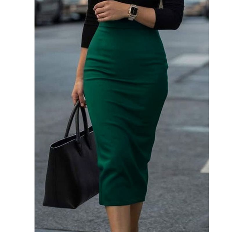 Elegant Womens Solid Color Midi Pencil Skirt Soft Silk Fabric for Professional Outfits-CF42744