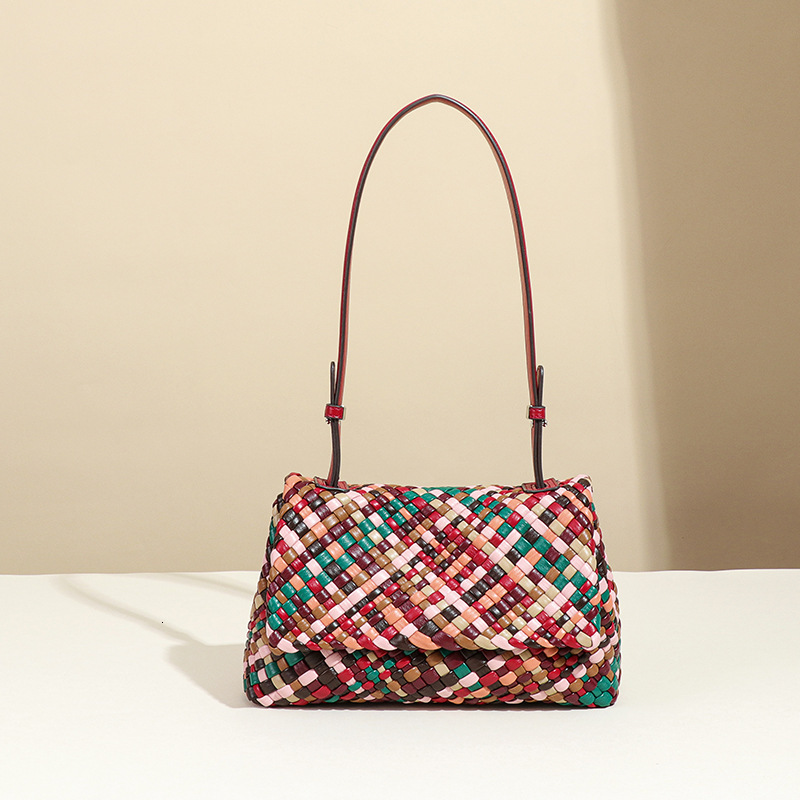 High-End Color-Block Handmade Rainbow Woven Unique Niche Shoulder Crossbody Flap Underarm Bag