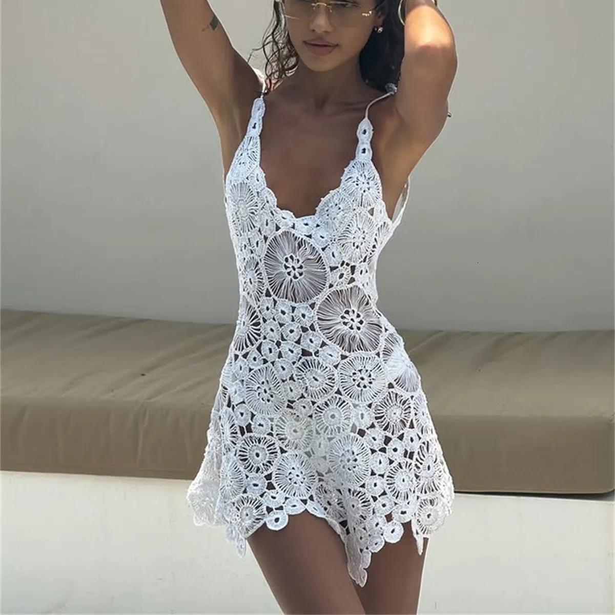 hirigin Sexy Women Crochet Swimsuit Coverups Slim U Neck Hollow Out Sleeveless Irregular Hem Mini Summer Beach Dress 250922