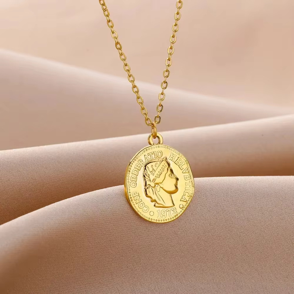 Portrait Coin Angel Pendant Necklace Women's Accessories Versatile Titanium Steel Gold Plated New Vintage Style