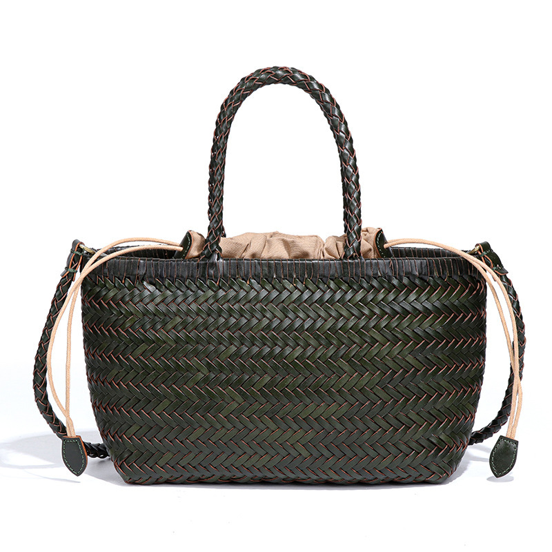 INS Soft Genuine Leather Women's Handbag French Style Basket First Layer Cowhide Handmade Rattan Woven Bag